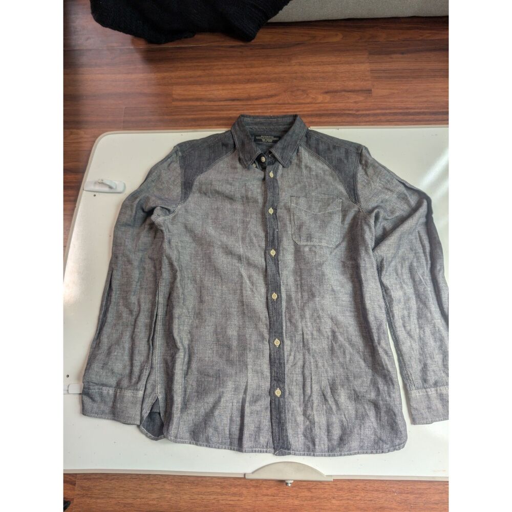 AllSaints Men's Medium Contrast Yoke Long Sleeve Chambray Shirt Gray